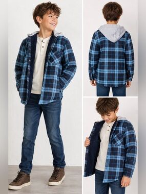 Kids Blue Plaid Hooded Flannel Shirt Jacket